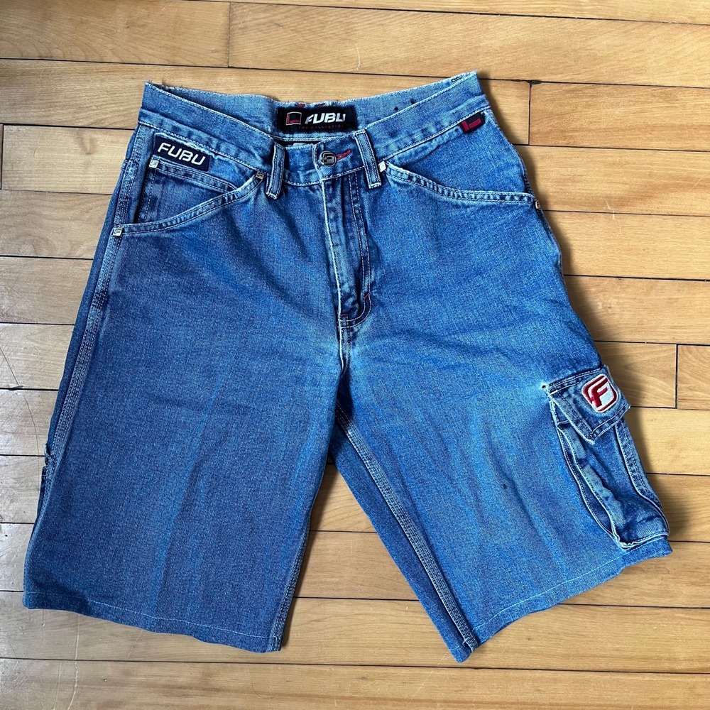 Vintage FUBU Denim Carpenter Shorts Baggy 90s Streetwear Jorts Blue 26W